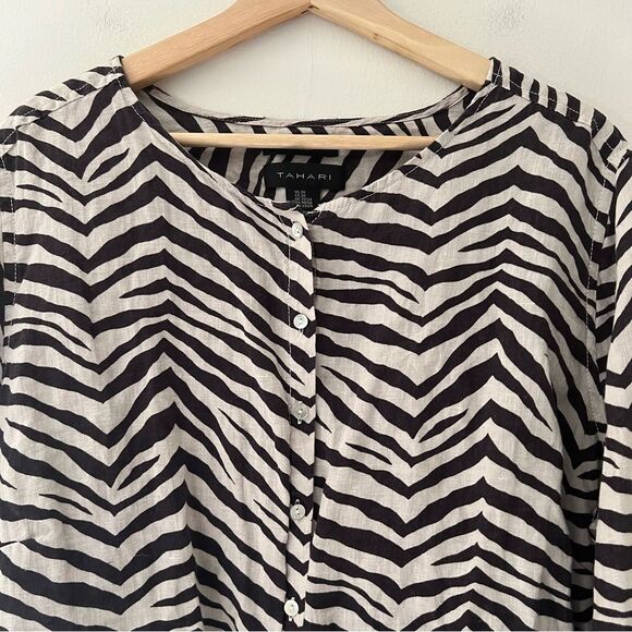 Tahari 100% Linen Tunic Top Zebra Stripe Size 2X Animal Print Button Up Toll Tab - Picture 2 of 8